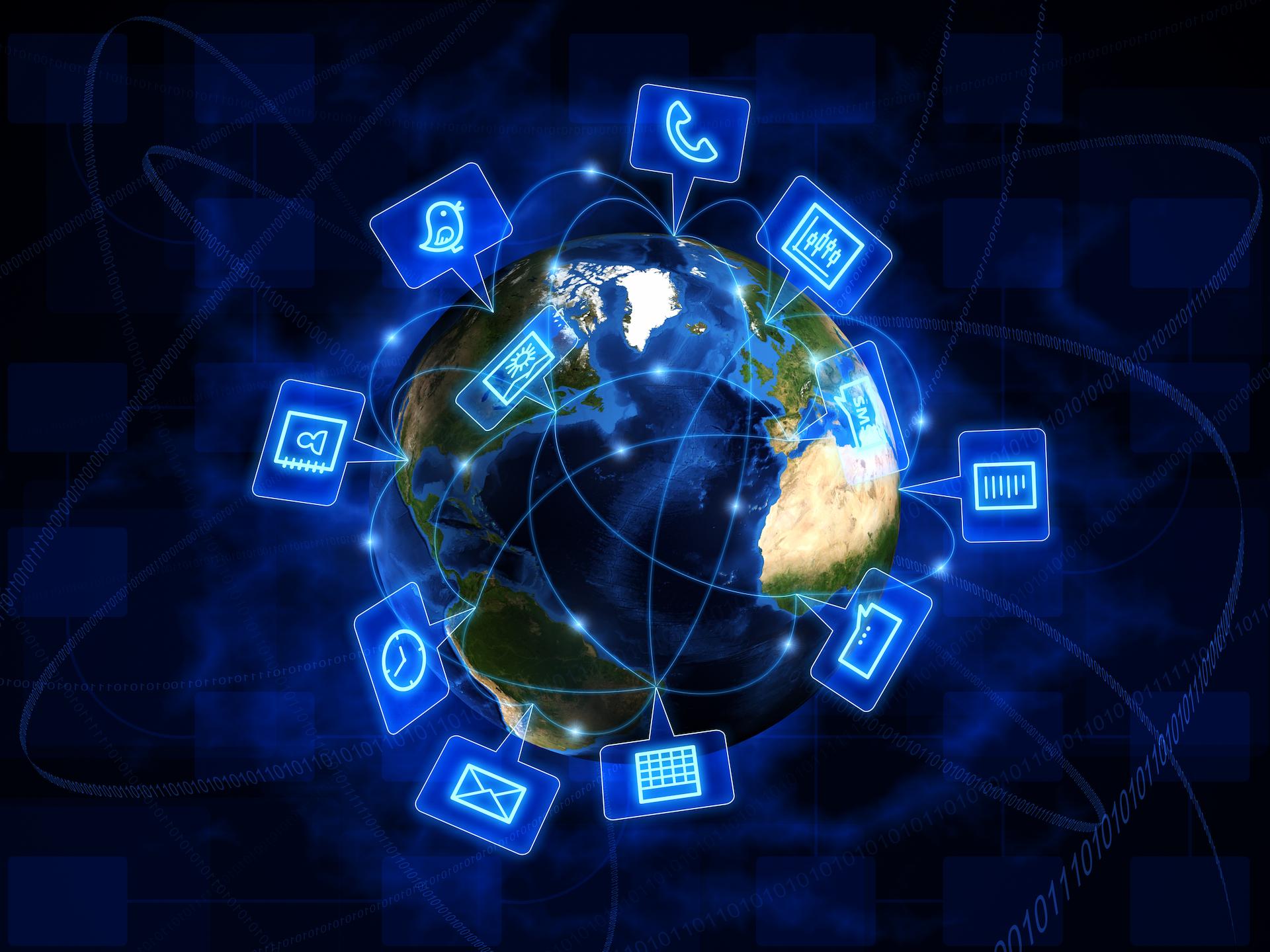 ภาพโลก และ เครื่องหมายติดต่อช่องทางต่างๆ